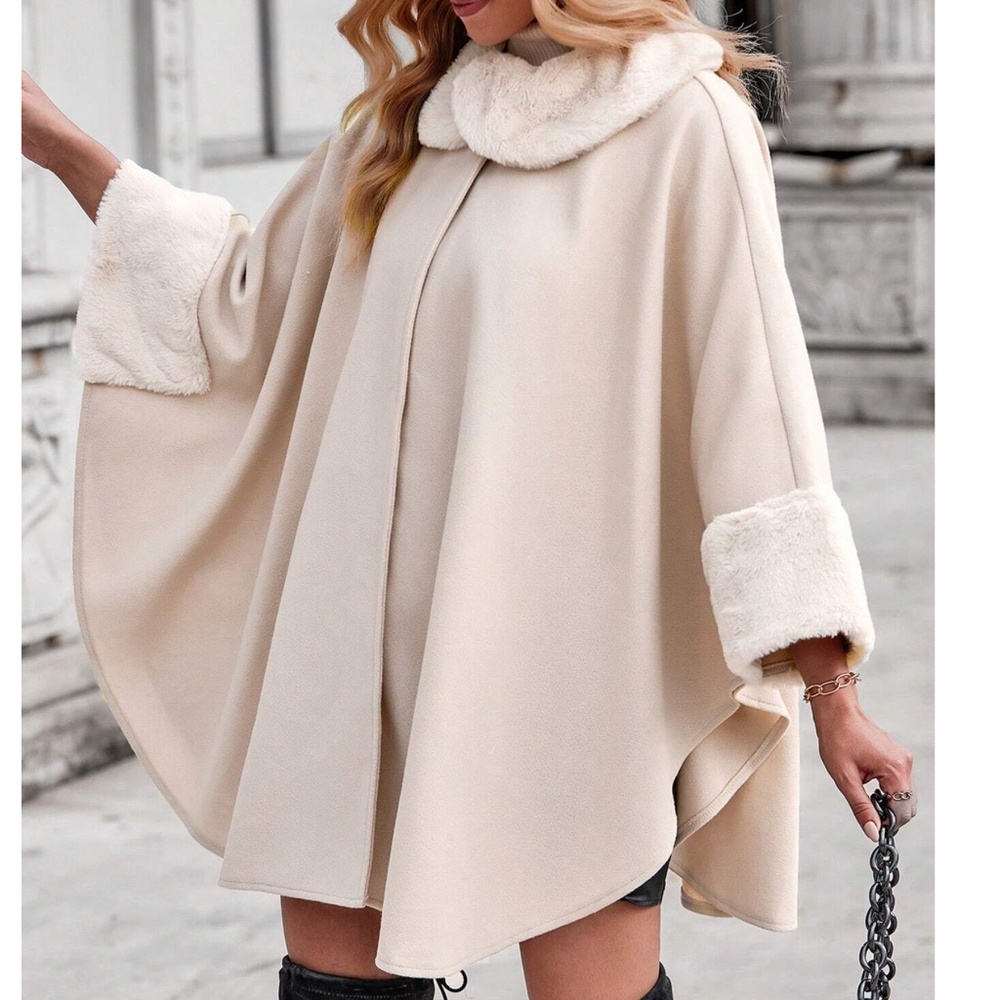 Classic Vegan Fur 3/4 sleeve Cape Jacket Coat - Picture 2 of 6